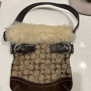 Coach Brown and Cream Shoulder Bag with Faux Fur